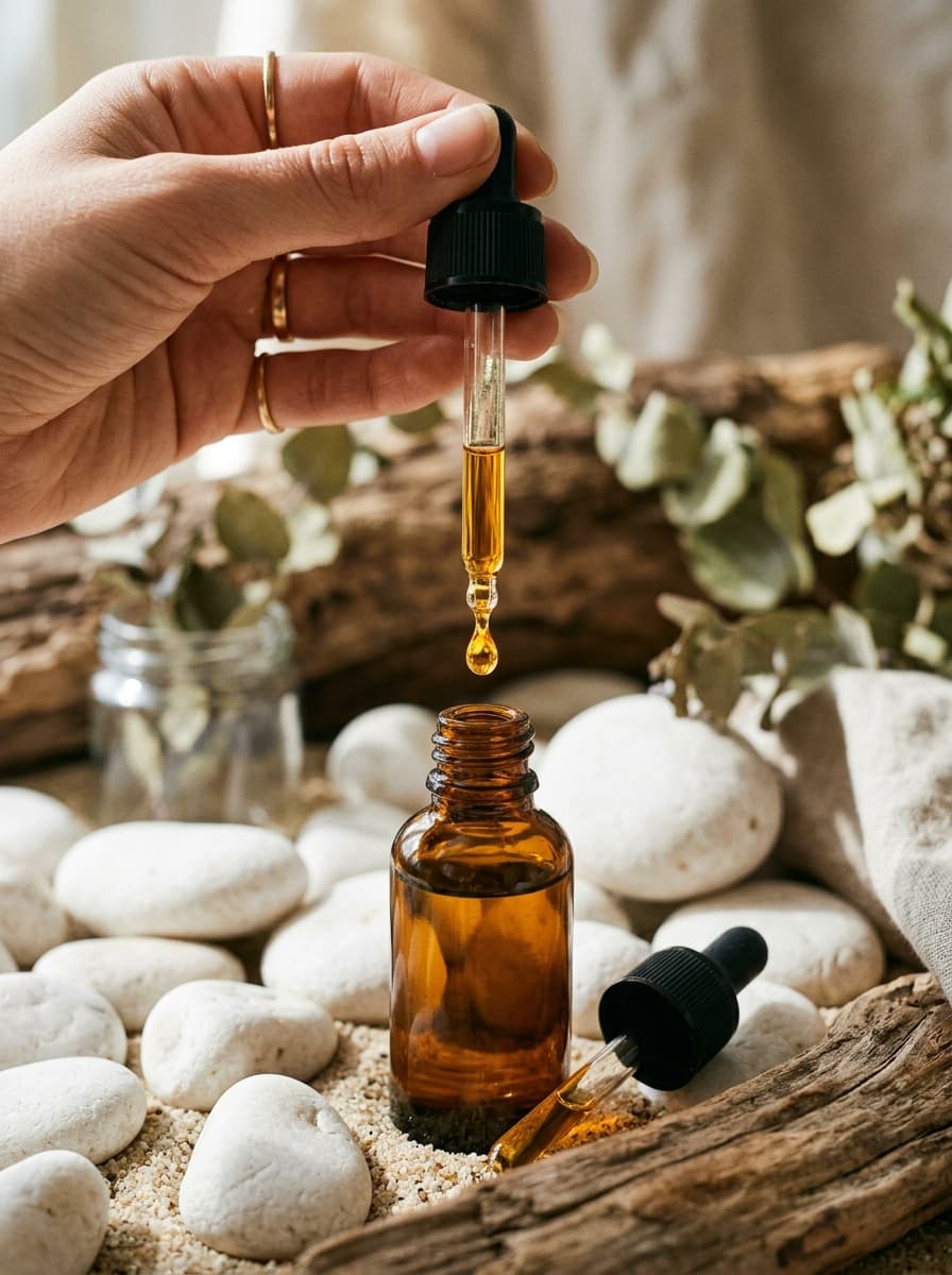 Oil dripping from amber bottle onto white stones